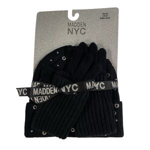 Madden NYC Warm Grommet Rhinestone Studded Beanie & Cuffed Glove NWT Black
